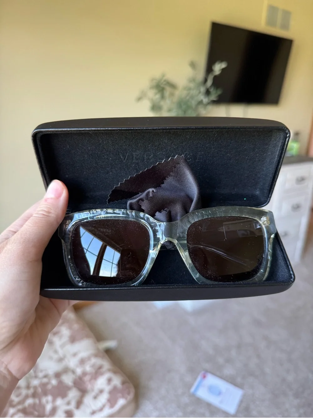 Versace Translucent Green Square Sunglasses with Dark Lenses